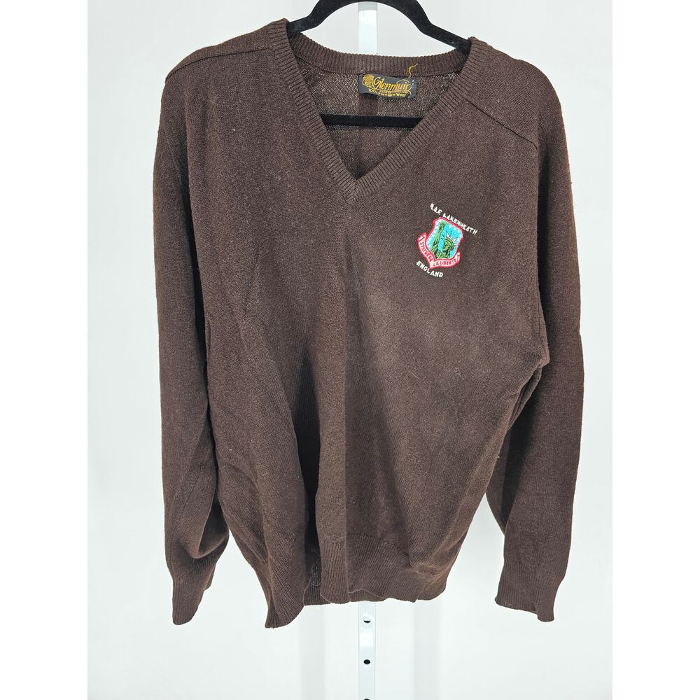 Vtg Glenmuir Mens Sz XL 100% Wool V Neck Sweater Brown RAF Lakenheath England